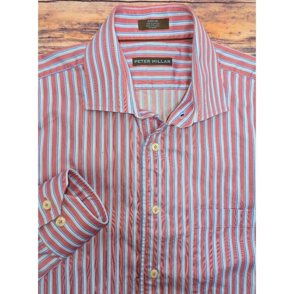 Peter Millar Pink Striped Cotton Long-Sleeve Dress Shirt Medium - Picture 4 of 6